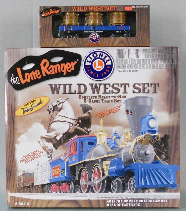 LIONEL 30116 LONE RANGER TRAIN SET: O ga, loco & tender, w/sound & smoke, 3 cars, track & transformer, w/extra 26687 gondola, orig boxes & set box, C10.