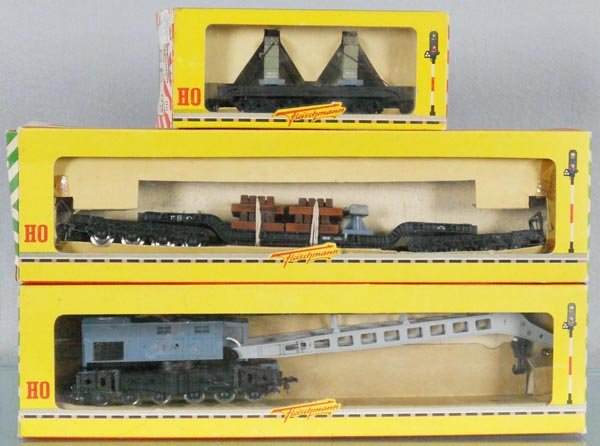 3 FLEISCHMANN FREIGHT CARS: HO ga, 2-rail, 1496C counterweight car, 1494 AHC flat w/boom support, 1495C crane, orig boxes & inserts minor wear, C8.