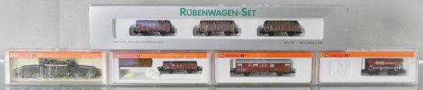 ARNOLD SWISS TRAIN SET: N ga, 2465 Crocodile loco w/0244 Rubenwagen set & freight cars 4471, 4425, 4486, orig boxes, C9-10.