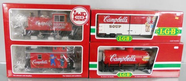 LGB CAMPBELL'S TRAIN SET: G ga, 70630 loco & caboose, 44800 tank car, 41911 box car, orig boxes & inserts minor wear, C9.