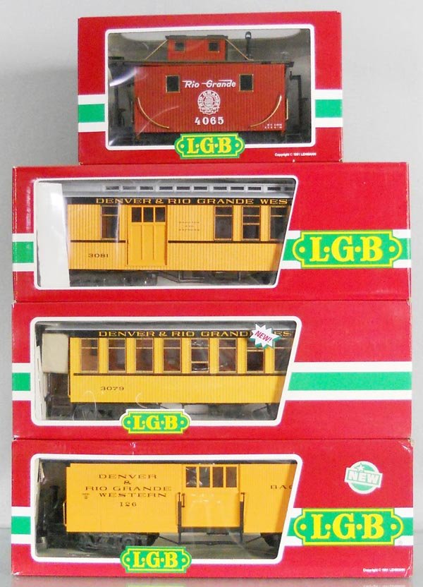 4 LGB DRGW TRAIN CARS: G ga, 4065 caboose, 3081 combine, 3084 baggage, 30800 coach, orig boxes, C9-10.