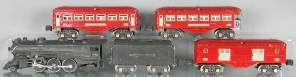 LIONEL TRAIN SET: O ga, 225E loco, 2265W tender, 2602 baggage, 2600 Pullman, 2601 obsv, missing 3 coupler pins, C5.
