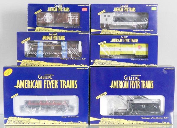 AMERICAN FLYER SANTA FE TRAIN SET: S ga, 48035 Baldwin switcher w/cars 48723, 48391, 49016, 49039, 49012, orig boxes, C10.