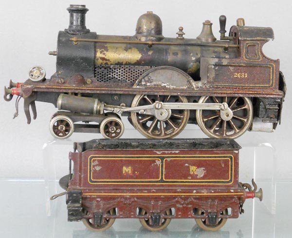 BING 2631 LOCO & TENDER: 1 ga, livesteam, paint worn from usage, w/burner, Midlands tender missing 1 buffer, front knob loose but there, C4.
