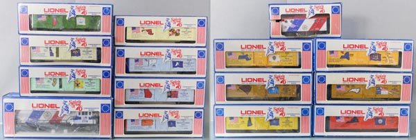 LIONEL SPIRIT OF '76 TRAIN SET: O ga, 1776 loco w/7601 through 7613 State box cars, 7600 caboose, orig caboose box has 2 cuts in it for red running lights, orig boxes minor wear, C8-9.