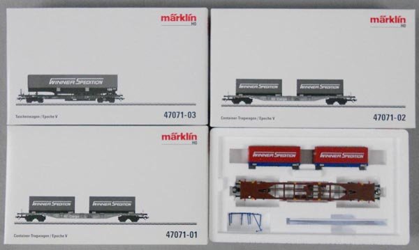 MARKLIN 47071 WINNER CAR SET: HO ga, 3 flats w/containers, orig boxes, inserts & set box, C9.
