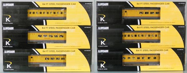 K-LINE/LIONEL MILWAUKEE RD CARS: O ga, 2 #22674 Skytop Lounge, 22440 parlor, 22439 vista dome, 2 #22674 diners, orig boxes & inserts, C10.