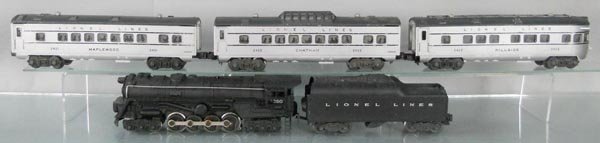 LIONEL TRAIN SET: O ga, 2020 loco, repainted, 2046W tender, 2421 Maplewood, 2422 Chatham, 2423 Hillside, roofs are repainted, C5-6.