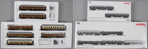 2 MARKLIN ORIENT EXPRESS CAR SETS: HO ga, 42755 5-car CIWL set, 42760 2-car CIWL set, orig boxes & inserts, C9.