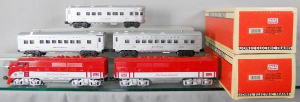 LIONEL TRAIN SET: O ga, 2245 Texas Special AB diesels, reproduction shells each on an old restored chassis, 2421 Maplewood, 2422 Chatham, 2423 Hillside obsv, w/2 incorrect orig boxes, C5-8.