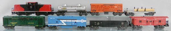 LIONEL TRAIN SET: O ga, 625 LV switcher, roof repainted, touch up on ends, 6465 tank, 3656 cattle car, chip in catwalk, 2411 log car, 3356 horse car, oxidation on door guides, 3530 generator car, 6462 gondola, 6517 cab