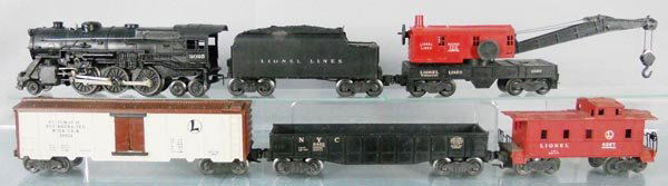 LIONEL TRAIN SET: O ga, 2025 loco, 6466W tender, paint wear spot on top of tender, 6560 crane, 6462 gondola, 3662 milk car, 6257 caboose, C5.