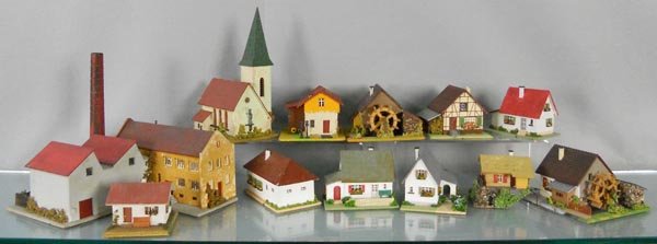 12 FALLER & RS BUILDINGS: HO ga, wood & papier mache', 7 are Fallery, 5 are RS, all have minor wear from handling, C5-7.