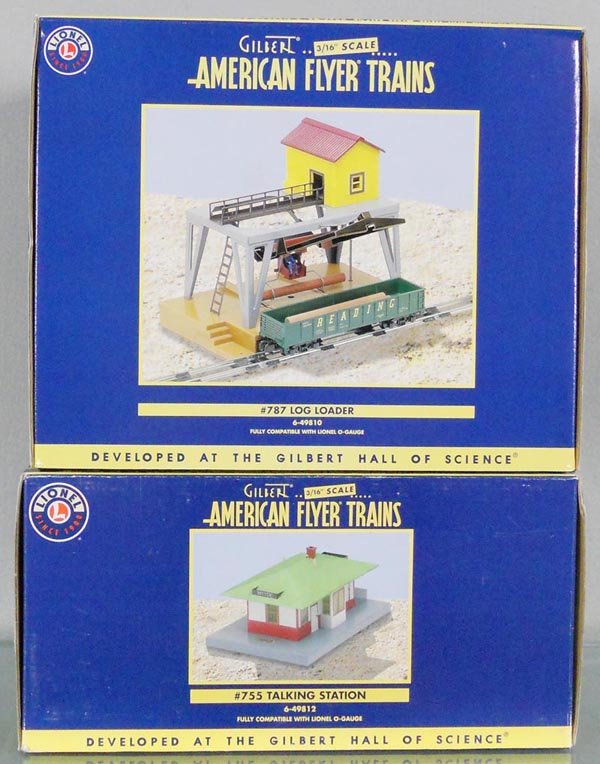 2 AMERICAN FLYER ACCESSORIES: S ga, 49810 log loader, 49812 talking station, orig boxes, C10.