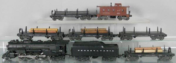 LIONEL TRAIN SET: O ga, 736 loco, 2671WX tender, 5 #3461 lumber cars, w/lumber & 2 bins, 2557 caboose, C6-8.