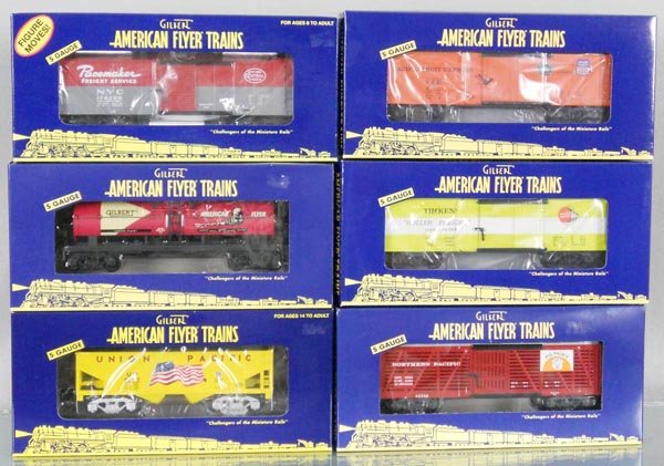 6 AMERICAN FLYER FREIGHT CARS: S ga, 49023 NYC box car, 48434 Gilbert tank car, 48633 UP hopper, 48391 Timken box car, 48824 Pacific Fruit reefer, 48395 Pig Palace stock car, orig boxes & inserts, C10.