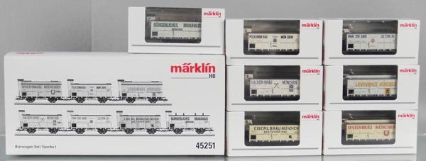 MARKLIN 45251 BEER CAR SET: HO ga, containing 45251-1, 45251-2, 45251-3, 45251-4, 45251-5, 45251-6, 45251-7, orig boxes & set box, C9.