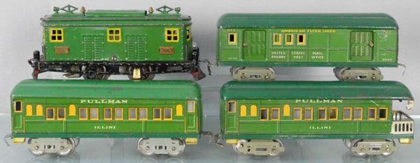 AMERICAN FLYER ILLINI TRAIN SET: O ga, 3015 loco, 3000 baggage, 3001 Pullman, 3001 obsv, C5-6.