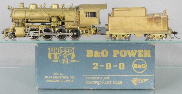 UNITED BRASS B&O LOCO & TENDER: HO ga, 2-rail, unpainted, some tarnishing, orig box & insert, C8.