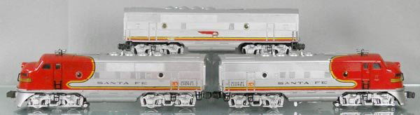 LIONEL 2343 SANTA FE ABA DIESELS: O ga, power A has decal chips & is partially restored, 2343C is an amateur restoration, melting marks on roof, 2343 dummy A is a partial restoration, C5-6.