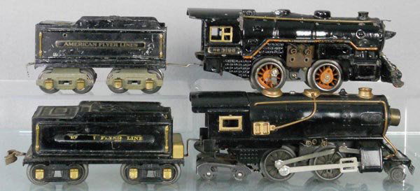 2 AMERICAN FLYER LOCOS & TENDERS: O ga, 3198 loco, die cast wheels fatiguing, missing side rods, 3199 tender, missing 1 handrail, decals worn, 403 loco, 3199 tender, C4-6.