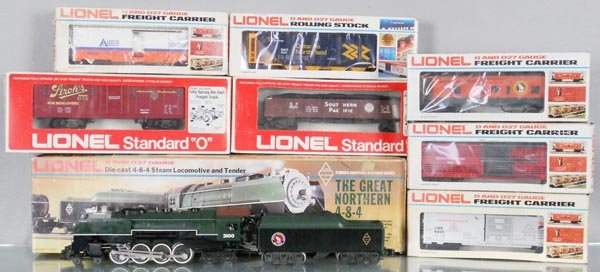 LIONEL TRAIN SET: O ga, 3100 loco & tender w/cars 9807, 9821, 9450, 9405, 9733, 6100, 6438, orig boxes minor wear, C8-9.
