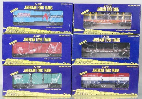 6 AMERICAN FLYER FREIGHT CARS: S ga, 48815 Needham reefer, 48366 Jersey Central box car, 49048 NYC box car, 48560 flat w/jet engines, 48544 WM flat car, 48383 PO box car, orig boxes, C10.