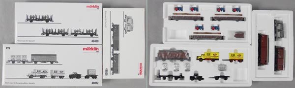 3 MARKLIN CAR SETS: HO ga, 48812 Spangenberg freight set, 46400 stake car set, 48809 freight car set, orig boxes & inserts, C9.