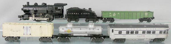 LIONEL TRAIN SET: O ga, 1615 switcher, repainted, 1615T tender, 6462 gondola, 3472 milk car, lettering worn, 6465 tank car, 2423 obsv, missing 1 roof screw, C5.
