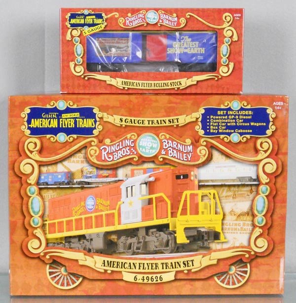 AMERICAN FLYER RINGING BROS & BARNUM & BAILEY SET: S ga, 49626 set includes powered GP9 diesel & 4 cars, w/48399 additional box car, orig boxes, C10.