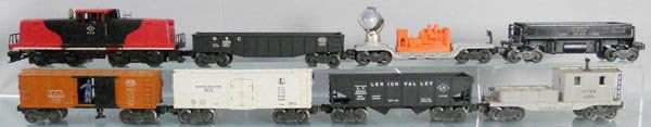 LIONEL TRAIN SET: O ga, 625 LV switcher, 6462 gondola, 3620 searchlight, 3469 dump car, 3464 NYC box car, 6472 milk car, 6456 LV hopper, 6419 work caboose, C5-6.