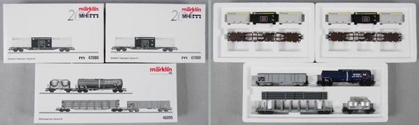 3 MARKLIN FREIGHT CAR SETS: HO ga, 46095 Swiss freight set, 2 #47080 flat car container sets, orig boxes & inserts, C9.