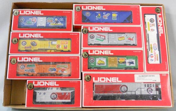 LIONEL 1585 75TH ANNIVERSARY TRAIN SET: O ga, 7500 diesel loco w/cars 7507, 7506, 7505, 7504, 7503, 7502, 7501, 7508 caboose, orig boxes & set box minor wear, C8-9.