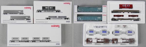 3 MARKLIN FREIGHT CAR SETS: HO ga, 47458 Volvo flat car set, 47025 flat car set, 47007 gondola set w/tarps, orig boxes & inserts, C9.