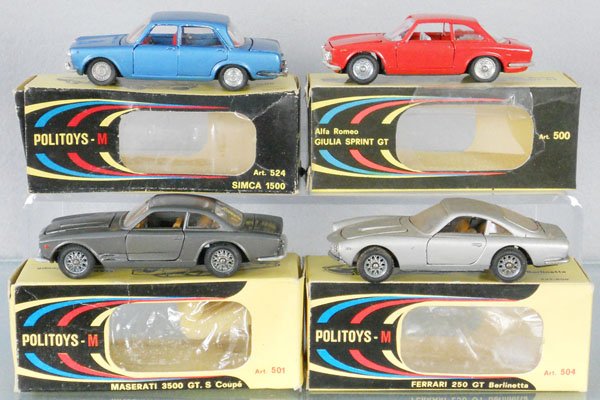 4 POLITOYS AUTOS: 501 Maserati 3500GT, silver worn off bumpers, 500 Alfa Romeo Giulia GT, silver worn on front grille & bumper, 503 Mercedes 230SL, some discoloring, 502 Coupe Siata Fiat 1500, silver worn on rear bumpe