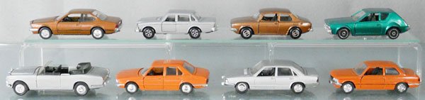 8 SCHUCO & POLISTIL AUTOS: Schuco 301629 BMW, 301639 Audi, 301617 BMW, 301626 BMW, hood loose, Polistil EL56 Saab, EL62 Gremlin, EL57 Volvo, OC6 Rolls Royce, C5-7.