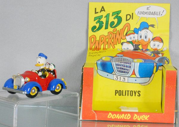 POLITOYS 554 DONALD DUCK CAR: red & blue, orig box & insert minor wear, C9.