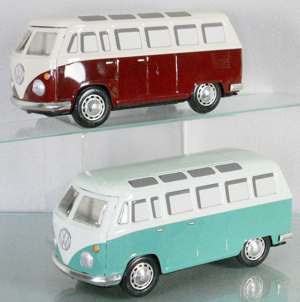 2 ICHIKO VOLKSWAGEN SAMBA BUSES: litho tin, frictions working, 10 1/4" long, made in the 1990's, C8-9.