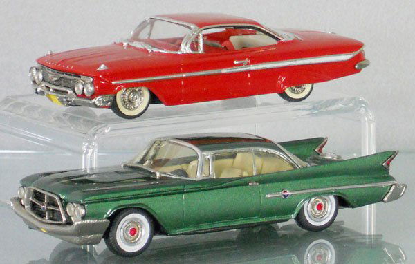 2 WHITE METAL MODELS: white metal, Brooklin Models 44 1961 Chevy Impala Sports Coupe, back seat loose, Chrysler 300, C8.