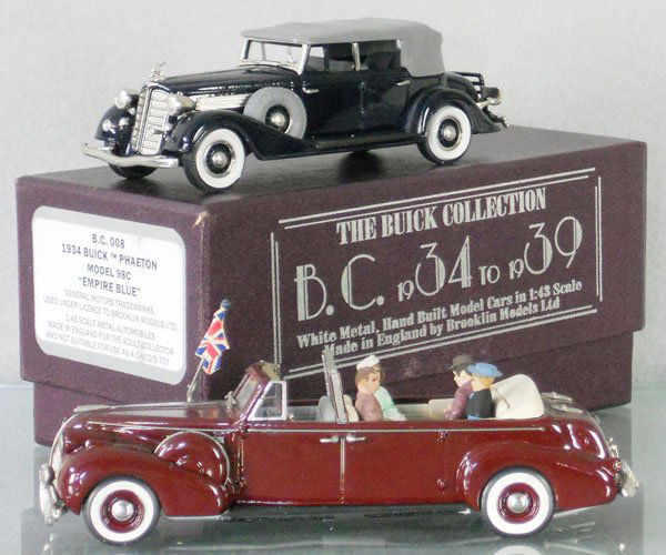 2 WHITE METAL BUICK MODELS: MAE Scale Models 1939 McLaughlin Buick Royal Tour Car, w/British royal family, missing 1 sideview mirror, glue residue on front fender, Brooklin Models 1934 Phaeton, 1 orig box only, C8-9.