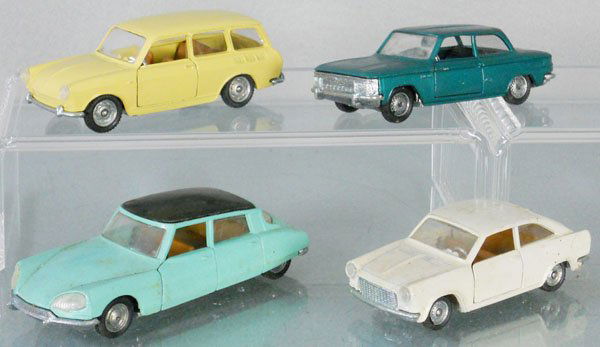 4 POLITOYS AUTOS: 545 Citroen DS21, stained, C4, 543 NSU TYP 110, C6, 548 Autobianchi Primula Coupe, stained, C3-4, 542 VW 1600 Familcar, C6-7.