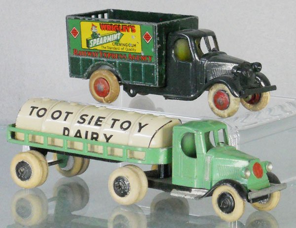 2 TOOTSIETOY MACK TRUCKS: 810 Wrigley's Truck, 805 Dairy Truck, w/some paint embellishments, C5-7.