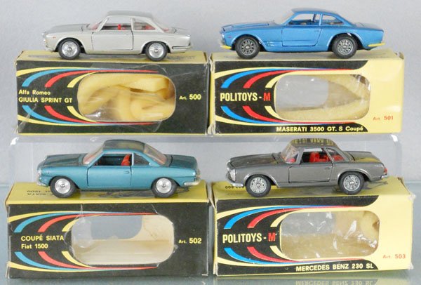 4 POLITOYS AUTOS: 500 Alfa Romeo Giulia Sprint GT, 504 Ferrari 250GT Berlinetta, dirty, all over oxidation stains, 501 Maserati 3500 GT, 524 Simca 1500, orig boxes worn or rough, 504 is C2, rest C7-8.
