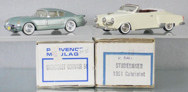 2 PROVENCE MOULAGE CARS: resin, 1954 Chevy Corvette Fastback Corvair, 1951 Studebaker Cabriolet, orig boxes, C9.