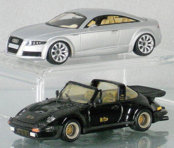 2 SCALE MODELS: 1:43 scale, Nuvoiari Audi Concept Car, resin, no manufacturer's mark, MiniChamps Porsche Buchmann Turbo Targa, white metal, C8-9.