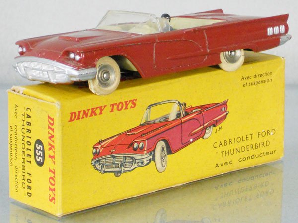 FRENCH DINKY 555 FORD THUNDERBIRD CONVERTIBLE: 4 tires flat, orig box minor wear, C8.