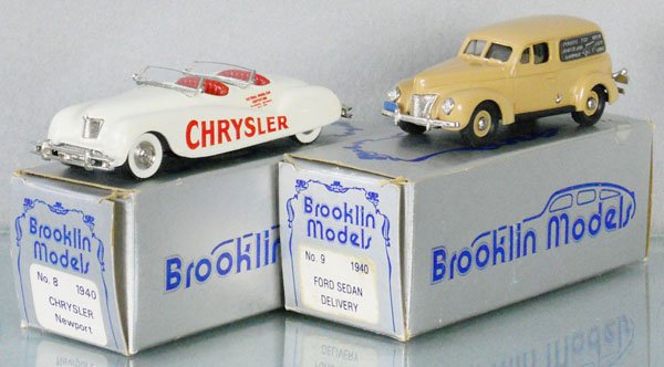2 BROOKLIN MODELS AUTOS: white metal, #8 Chrysler Newport, #9 Ford Delivery Sedan advertising the Toledo Toy Show, orig boxes minor wear, C9.