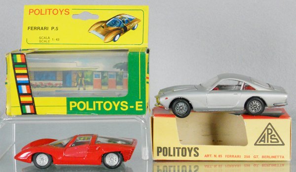 2 POLITOYS FERRARIS: 566 P5, red, 85 Fiberglass 250 GT, silver, orig boxes minor wear, C9.