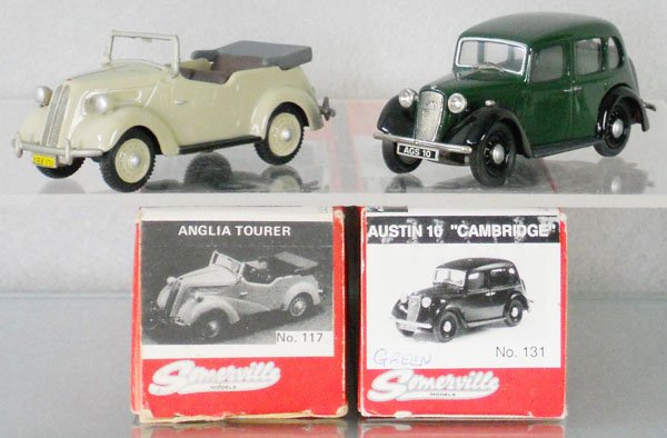 2 SOMERVILLE MODELS: white metal, Ford A494A Anglia Tourer, paint chip on rear fender, 1936 Austin 10 Cambridge, orig boxes & inserts, C8-9.
