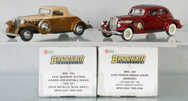 2 BROOKLIN MODELS AUTOS: white metal, 1931 Marmon 16 Convertible Sedan, 1935 Pierce Arrow Coupe, missing license plate, orig boxes & inserts, C9.